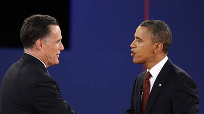 President Barack Obama and Republican presidential nominee Mitt Romney shake hands at the conclusion of their second presidential debate tonight at Hofstra University in Hempstead, N.Y.
