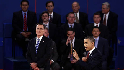 President Barack Obama and Republican presidential candidate and former Massachusetts Gov. Mitt Romney participate in the second presidential debate at Hofstra University in Hempstead, N.Y., tonight.