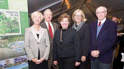 Chatham University president Esther Barazzone, center, is flanked by board chairs  Joan Gulley,  Murray Rust, Jane Burger and Sigo Falk.
