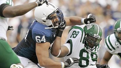 Penn State guard John Urschel (64) battles with Ohio defensive lineman Carl Jones (89) in the Nittany Lions' season opener.