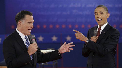 President Barack Obama and Republican presidential nominee Mitt Romney exchange views during the second presidential debate.
