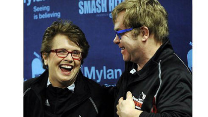 Billie Jean King and Elton John share a laugh at a news conference before the start of the Mylan World Team Tennis Smash Hits Tuesday at Petersen Events Center.