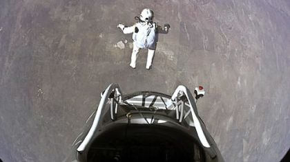 Pilot Felix Baumgartner of Austria jumps out of the Red Bull Stratos capsule during his record-breaking dive.