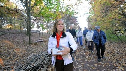 Kitty Vagley, director of development for the Pittsburgh Botanic Garden, at a preview of the new forest ecosystems trail at Settlers Cabin.