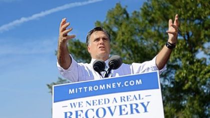 Republican presidential candidate Mitt Romney gestures to the crowd Wednesday during a campaign rally at The Grove, in Chesapeake, Va.