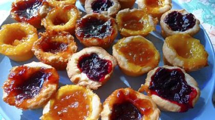 Jamie Oliver's Rainbow Jam Tarts -- in plum, lemon, quince, strawberry and apricot.