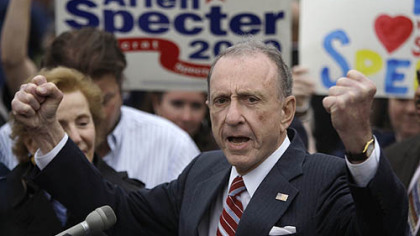 In this May 17, 2010 file photo, Sen. Arlen Specter, D-Pa., speaks at the Citizens Bank Park, in Philadelphia, as he campaigned across Pennsylvania for the Democratic nomination to run for re-election.