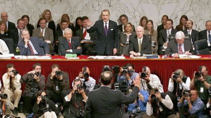 On Jan. 9, 2006, Mr. Specter, chairman of the Senate Judiciary Committee, swears in Supreme Court nominee Samuel Alito, back to camera, during his confirmation hearing.