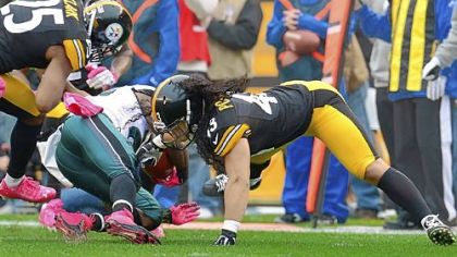 Troy Polamalu, right, will miss Sunday's game due to a leg injury suffered Oct. 7 against the Eagles.