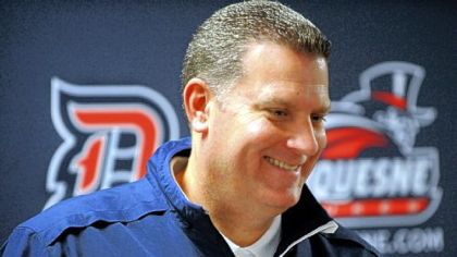 New Duquesne coach Jim Ferry talks to the media Friday before the start of Dukesfest.