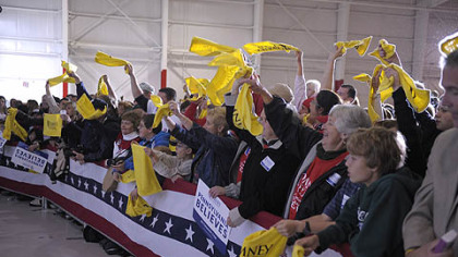 Crowds wave "Terrible Towels" prior to the arrival of Republican vice presidential candidate Paul Ryan at Atlantic Aviation in Moon.