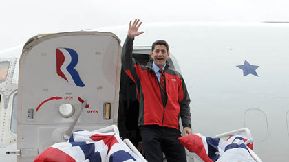 Republican vice presidential candidate Paul Ryan acknowledges crowds while arriving at Atlantic Aviation in Moon.