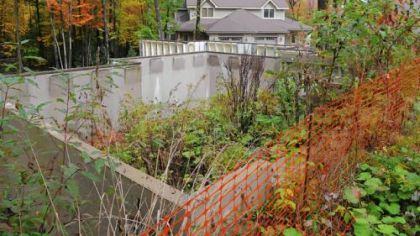 A foundation and concrete walls are overgrown after Greg Mortimer's Timberlake project was shut down.