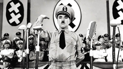 During the 1930s, political cartoonists and pundits had a field day with Hitler's bizarre resemblance to Chaplin.  In 1940, Chaplin took his turn in the "The Great Dictator," hilariously lampooning Hitler and contrasting his insanity with the Tramp's humanity.