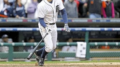 Don Kelly watches his winning sacrifice fly in the ninth inning of Game 2 of the American League Division Series.