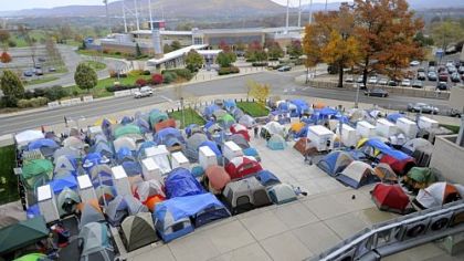 Tents are lined up at the Nittanyville campout in University Park, Pa. Students are camping out, waiting for a chance to buy the best seats in the first-come, first-served student section for a between Ohio State and Penn State.