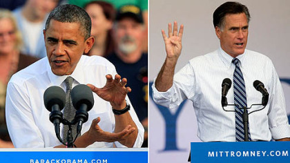 At left, President Barack Obama speaks during a campaign rally in Dayton, Ohio. At right, Republican presidential candidate Mitt Romney speaks during a campaign rally in Las Vegas.
