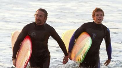 Gerard Butler, left, and Jonny Weston star in the true surfing tale "Chasing Mavericks."