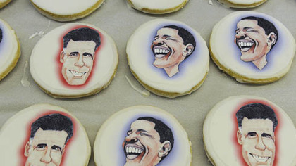 Edible paper with caricatures of the presidential candidates to shortbread cookies at Bethel Bakery in Bethel Park on Wednesday.