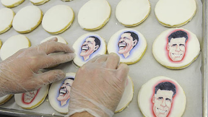 Edible paper with caricatures of the presidential candidates to shortbread cookies at Bethel Bakery in Bethel Park on Wednesday.
