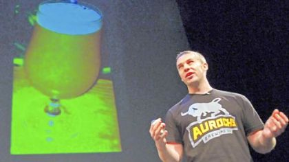 Ryan Bove, one of the founders of Aurochs Brewing Co., pitches the company at AlphaLab Demo Day. Aurochs Brewing uses ancient grains to brew gluten-free beer.