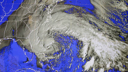 A satellite image of Sandy is shown at the National Hurricane Center in Miami, Saturday, Oct. 27, 2012.