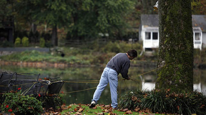 A man secures outdoor furniture to a tree on River Road along the Schuylkill River in Philadelphia.