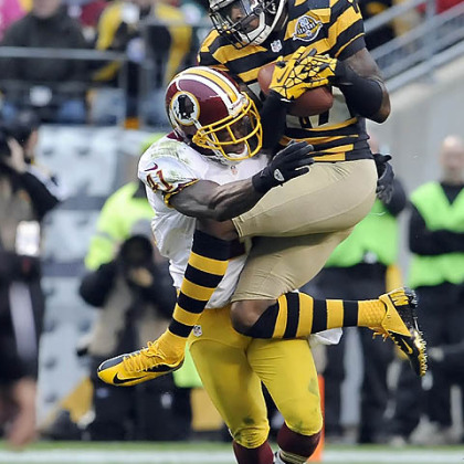 The Steelers' Mike Wallace pulls in a catch as he's defended by the Redskins' Madieu Williams in the first quarter.