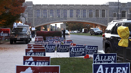 Signage in support of U.S. Senate candidates Tim Kaine and George Allen outside of Squires Student Center,  on the Virginia Tech campus in Blacksburg, Va.