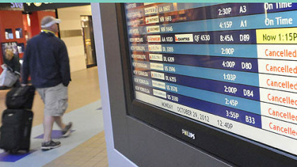 Information boards in the airside terminal at Pittsburgh International Airport show that most of the departures for East Coast cities have been cancelled today because of Hurricane Sandy.