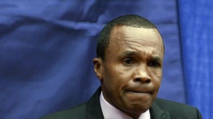World title boxer Sugar Ray Leonard speaks to reporters after a speech regarding his personal experiences of abuse at the Child Sexual Abuse Conference in State College