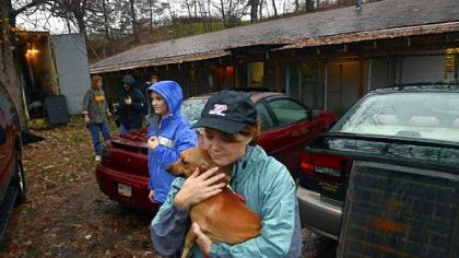 Debbi Reefer carries Tinkerbell, a dachshund, as volunteers and the staff of Orphans of the Storm, an animal shelter in Kittanning that sits close to the Allegheny River, work to evacuate animals Monday in anticipation of possible flooding.