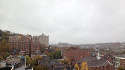Gray skies over Pittsburgh's Oakland neighborhood as the beginnings of Hurricane Sandy begin to be felt this morning.