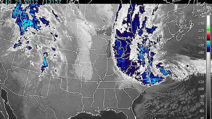 A National Oceanic and Atmospheric Administration satellite photo of the eastern United States taken at 9:15 a.m. EDT shows Hurricane Sandy and associated moisture.