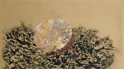 "Egg and Nest I," a collagraph and collage with copper leaf, by Kate Cheney Chappell.