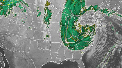 A color-enhanced infrared satellite image taken 6:15 a.m. EDT shows the progress made by Sandy as it moved inland and across Pennsylvania.
