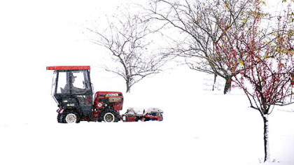 A maintence worker plows snow on the pathway in the campus of West Virginia University in Morgantown today.