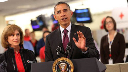 President Barack Obama speaks at the Red Cross headquarters about ongoing relief in the wake of Hurricane Sandy.