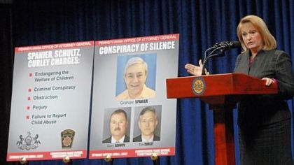 State Attorney General Linda Kelly announces the new criminal charges related to the investigation of child sex crimes at Penn State.