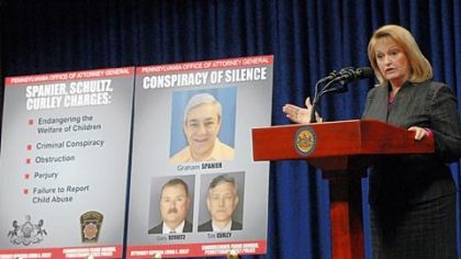 State Attorney General Linda Kelly announces the new criminal charges related to the investigation of child sex crimes at Penn State.