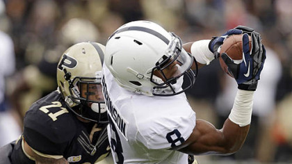 Penn State wide receiver Allen Robinson makes a catch against Purdue cornerback Ricardo Allen during the first half.