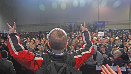 Republican vice presidential candidate Paul Ryan's son Sam greets the crowd during a campaign event at Harrisburg International airport today in Middletown.