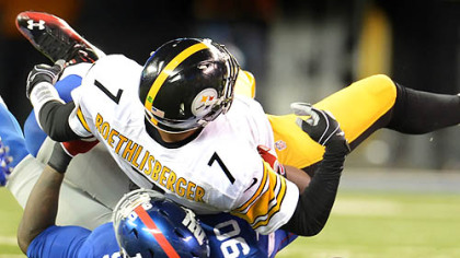 The Giants' Justin Tuck sacks Steelers quarterback Ben Roethlisberger.