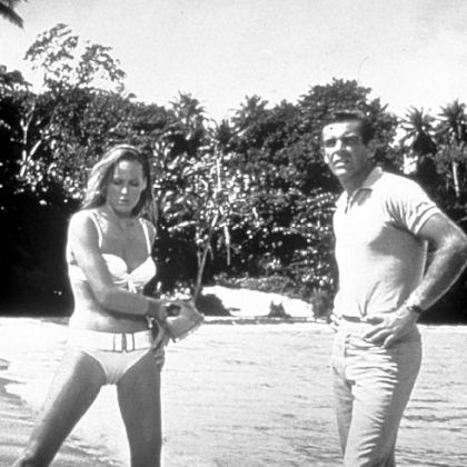 Ursula Andress co-starred as Honey Ryder with Sean Connery as James Bond in "Dr. No" (1962).