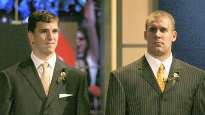 The day that changed a decade: Eli Manning, left, and Ben Roethlisberger on Draft Day 2004 in New York. Manning went first, Roethlisberger 11th and between them they went on to win four Super Bowls and play in five.