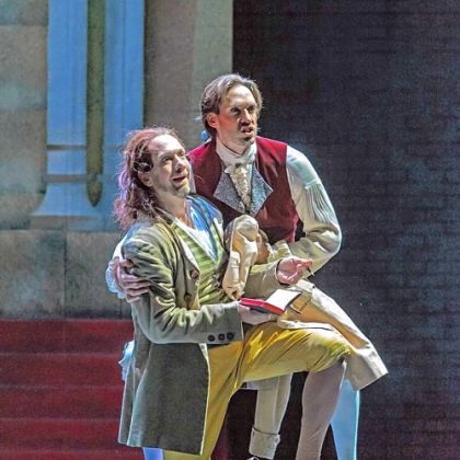 Don Giovanni's servant, Leporello (Wayne Tigges, left), and Don Giovanni (Michael Todd Simpson) are amazed to hear the voice of the dead Commendatore in the graveyard, warning Giovanni that he must repent in Pittsburgh Opera's "Don Giovanni."