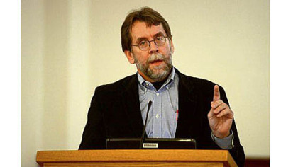 Architect Rob Pfaffmann speaks at the Oakland 2025 plan unveiling party held in the University of Pittsburgh's Alumni Hall on Thursday.
