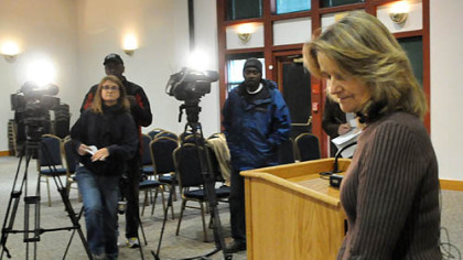 Pittsburgh Zoo & PPG Aquarium President and Chief Executive Officer Barbara Baker finishes a news conference this afternoon regarding the death of a child who fell into the African painted dog exhibit.