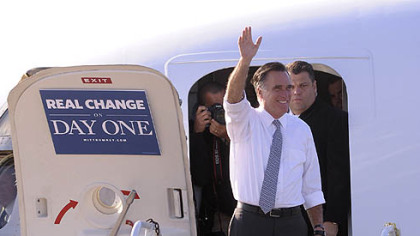 Republican presidential candidate Mitt Romney lands at Pittsburgh International Airport today.