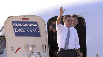 Republican presidential candidate Mitt Romney lands at Pittsburgh International Airport today.
